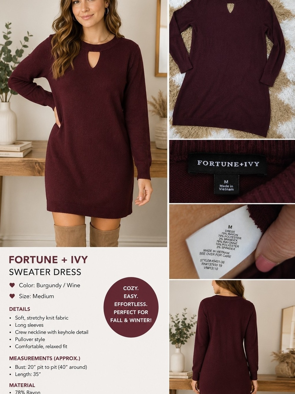 Fortune + Ivy Women's Sweater Dress – Size Medium – Burgundy – Long Sleeve Knit